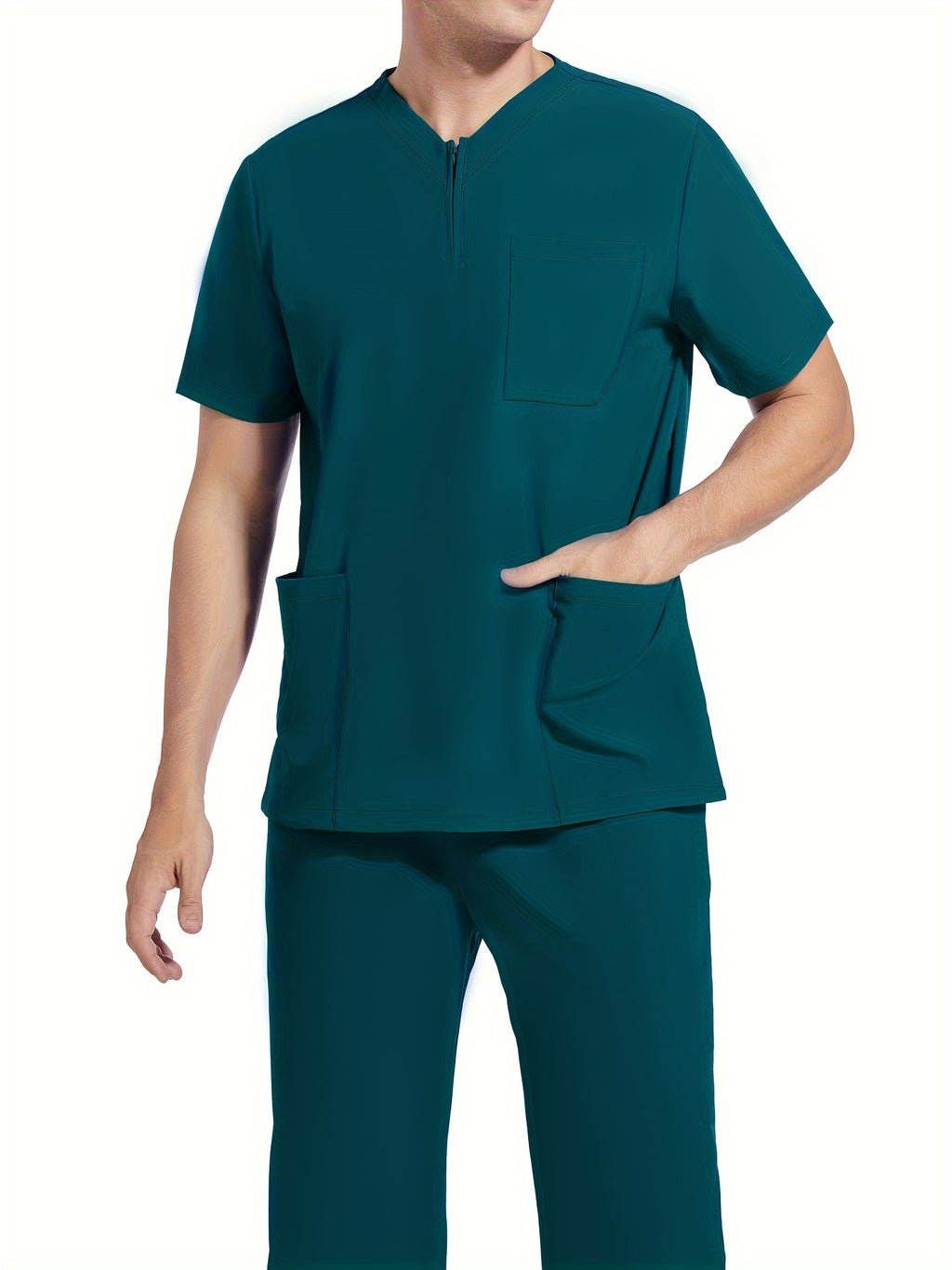 Men's Short Sleeve Summer Work Wear Set, Lab Coat, Pet Grooming Uniform, Breathable V-neck Top With Pockets And Long Pants Outfit