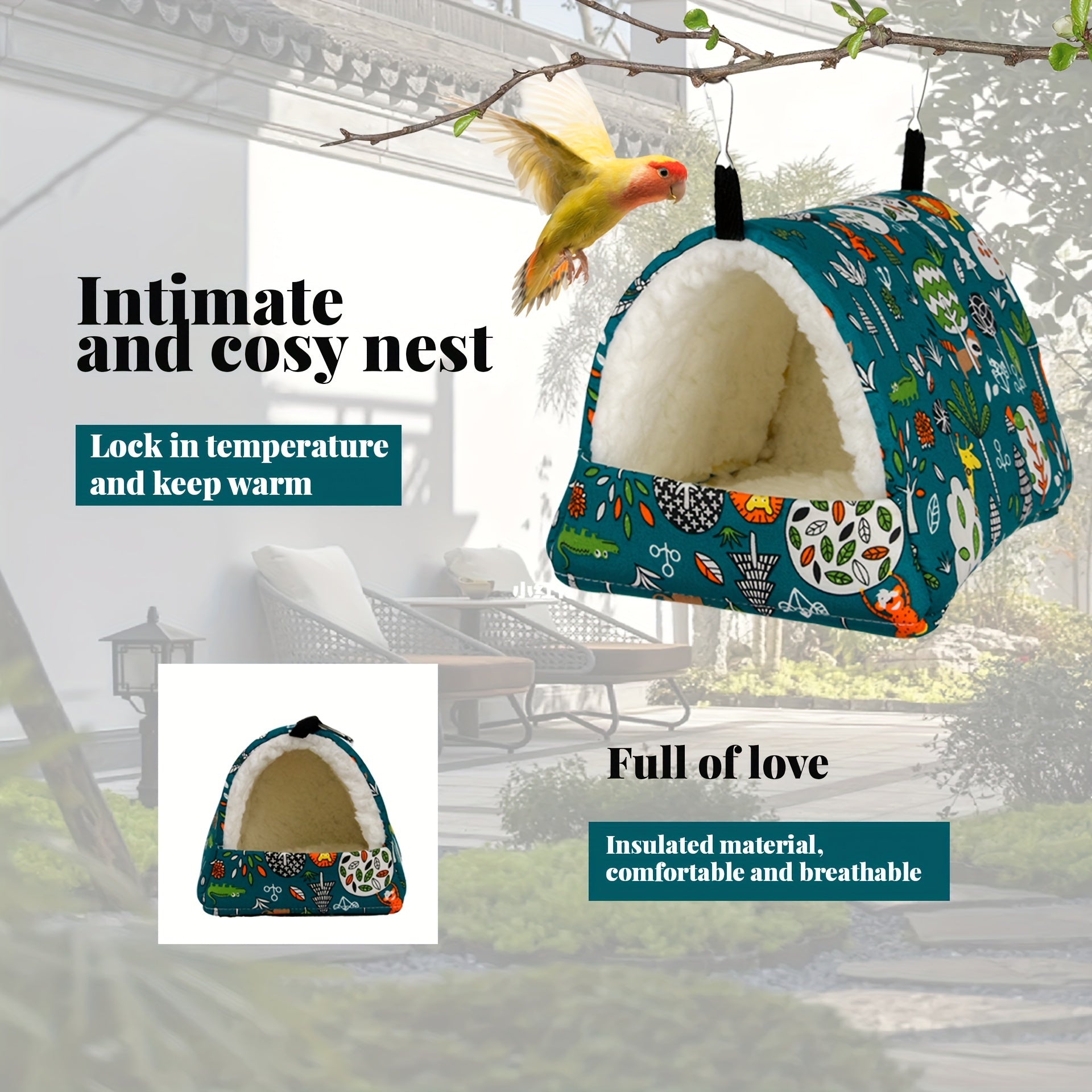 1pc Cartoon Printed Warm Fleece Bird Nest, Warm Triangular Sleeping Bird Hammock, Hanging Bedding Toy Bird Hideout