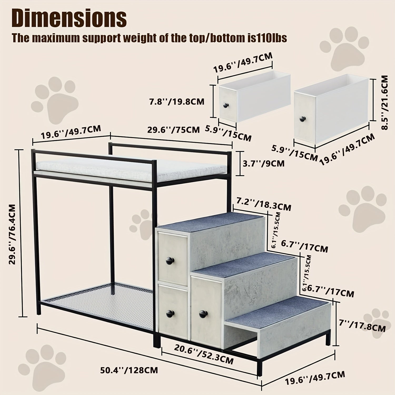 Multi-Level Pet Bunk Bed with Stairs & Storage Drawers - Elevated Dog Bed or Window perch, Sturdy Construction, Space-Saving Design for Small/Medium Dogs - Modern Home Decor Pet Furniture, Engineered Wood Frame, Apartment Pet