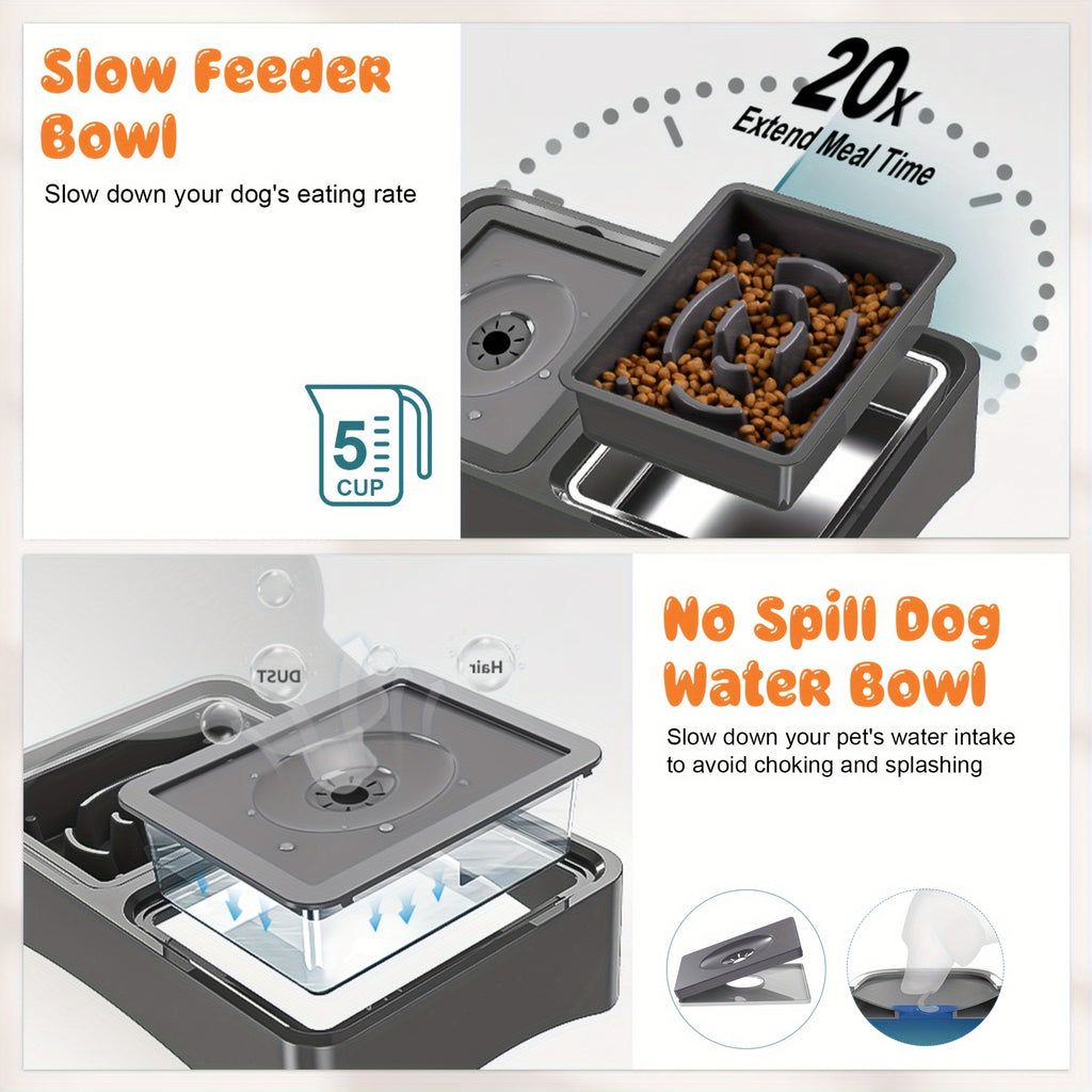 4-Height Adjustable Elevated Pet Feeding Station - Stainless Steel Food Bowls, Slow Feeder & No-Spill Water Bowl Set for Medium & Large Dogs - Neck Protection