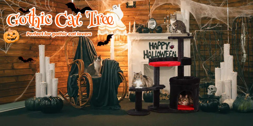1pc Gothic Iron Cat Tree Tower with Scratching Post, Coffin Bed, and Playhouse - Durable Sisal Rope for Indoor Cats - Halloween-Themed Pet Furniture