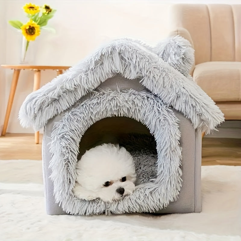 [For Cats & Dogs Plush Bed] Comfortable Plush Pet Bed For Cats And Dogs, Removable Non-slip Bottom Cat House, Four-season Use, Semi-enclosed Pet Sleeping Bed
