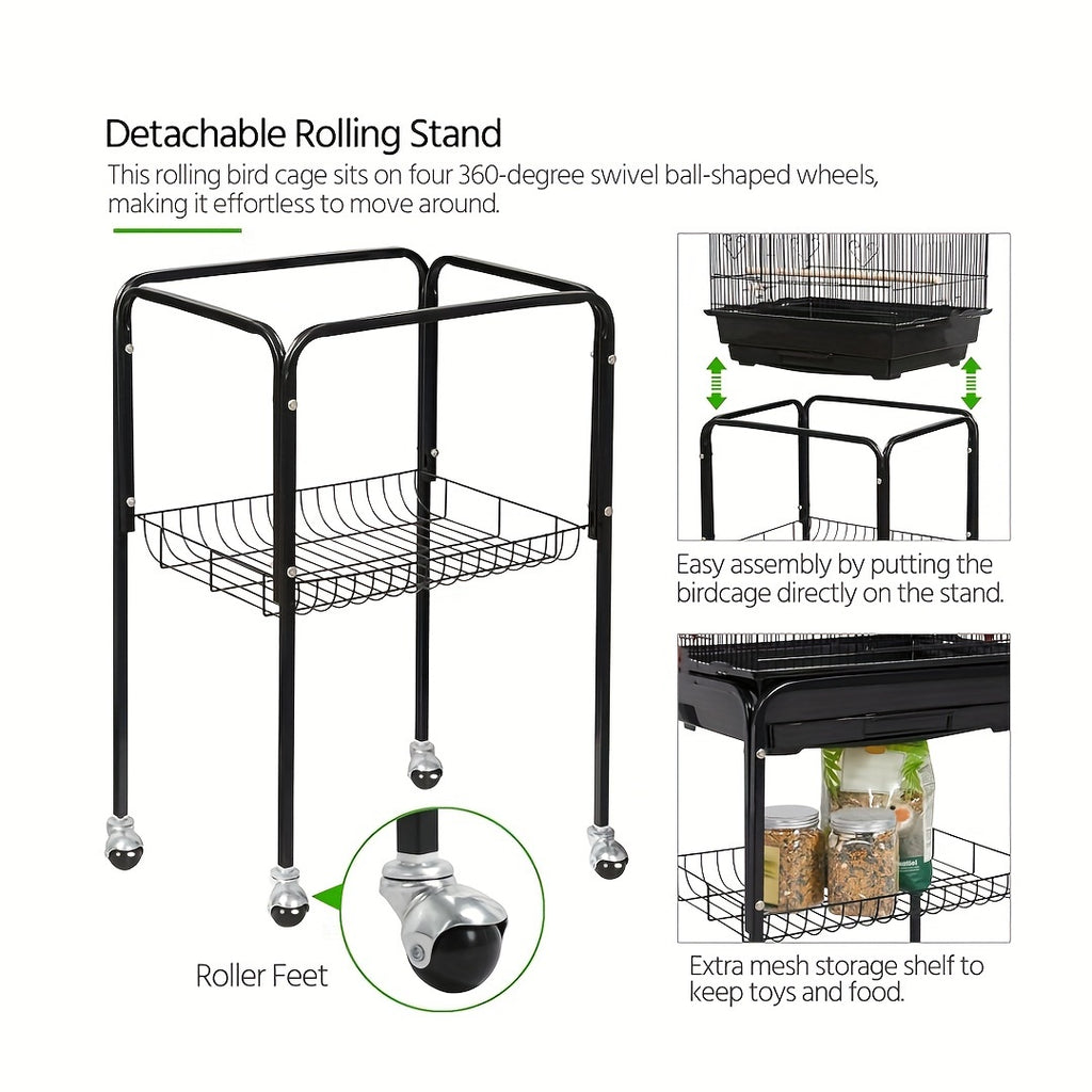 1pc 65-inch Extra-Large Open-Style Bird Cage with Detachable Rolling Stand, Durable Metal Construction, and Spacious Interior for Comfortable Living of Parrots, Lovebirds, Sparrows, Canaries, Long-tailed Small Parrots, Black