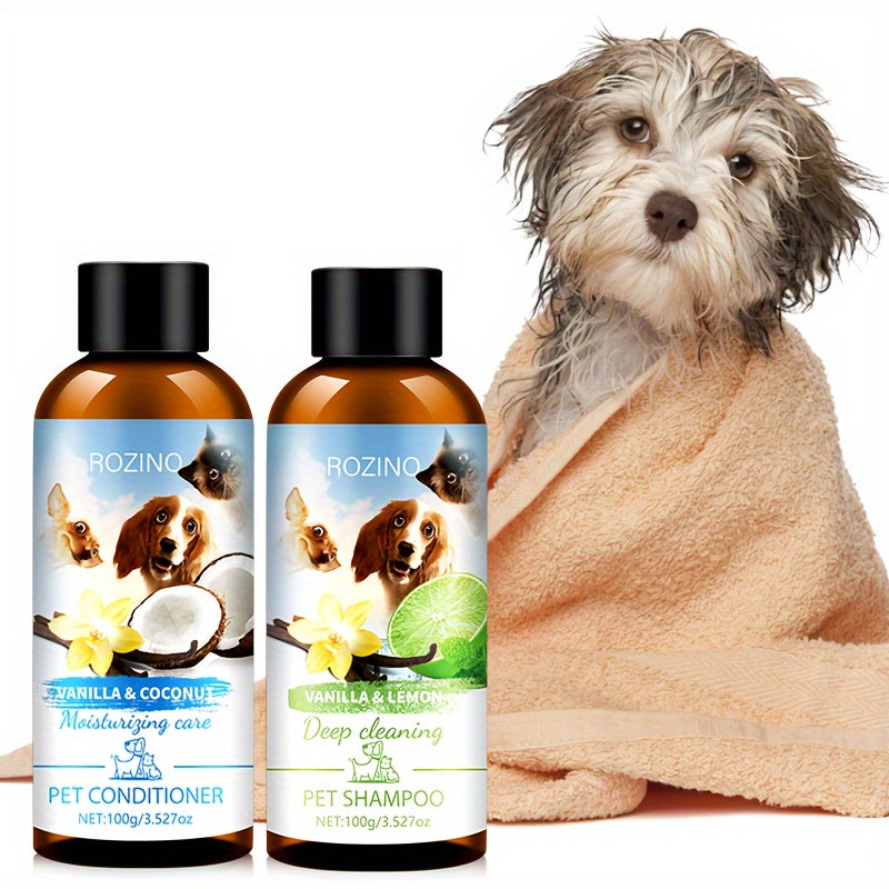 2pcs ROZINO Pet Grooming Set - Gentle, Deep Cleansing & Moisturizing Conditioner and Shampoo for All Dog Breeds (Vanilla & Coconut Milk, Lemon & Mint, 100ml Each)
