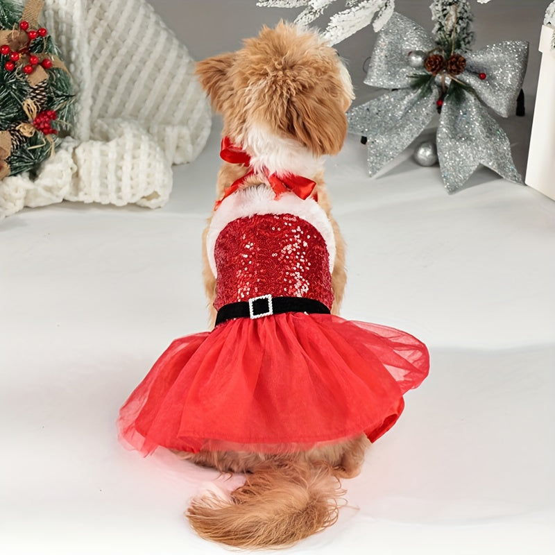 Chic Christmas Dog Dress - Festive Sequin Party Outfit for Small to Medium Breeds, Snap-On Polyester Pet Apparel - Perfect for Holiday Parties & Photoshoots - Gift for Dog Lovers