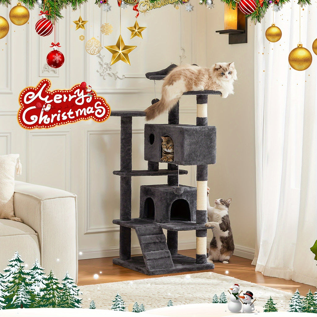 54in Cat Tree Tower for Indoor Cats, Multi-Level Pet Furniture, Kitty Play House with Sisal Scratching Post, Large Condo, Climbing Ladder, Plush Toy for Kitten, Beige and Gray