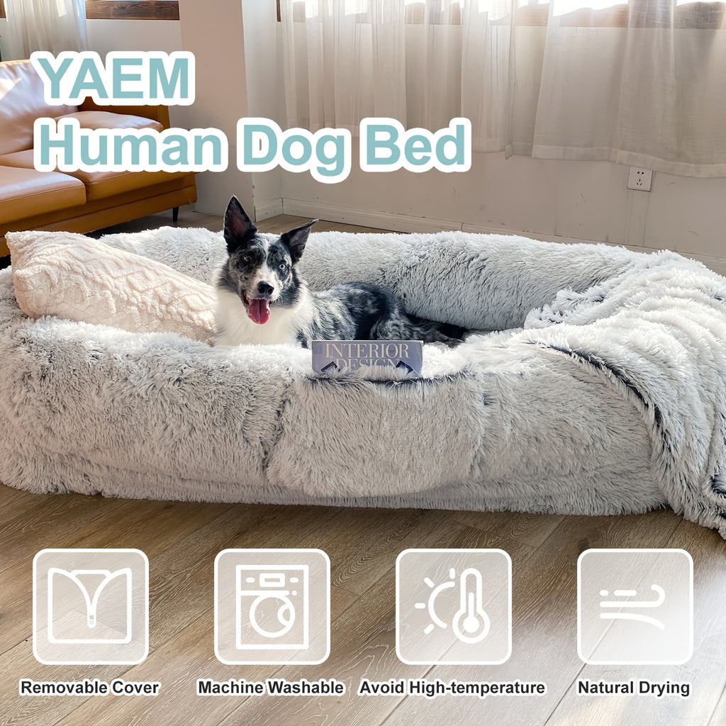 Extra Large Orthopedic Human & Dog Bed with Plush Pillow & Blanket - 71"x45"x12" Washable Faux Fur Pet Couch, Non-Slip Base, Removable Cover - Grey Bed for All Dog Breeds (Small/Medium/Large Dogs) & Cozy Napping Companion for