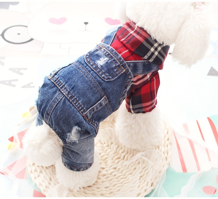 [Stylish Plaid Dog Jumpsuit] Cozy Plaid Denim Dog Jumpsuit - Stylish, Chic Button-Up Design for Small Breeds - Woven Fabric Pet Apparel