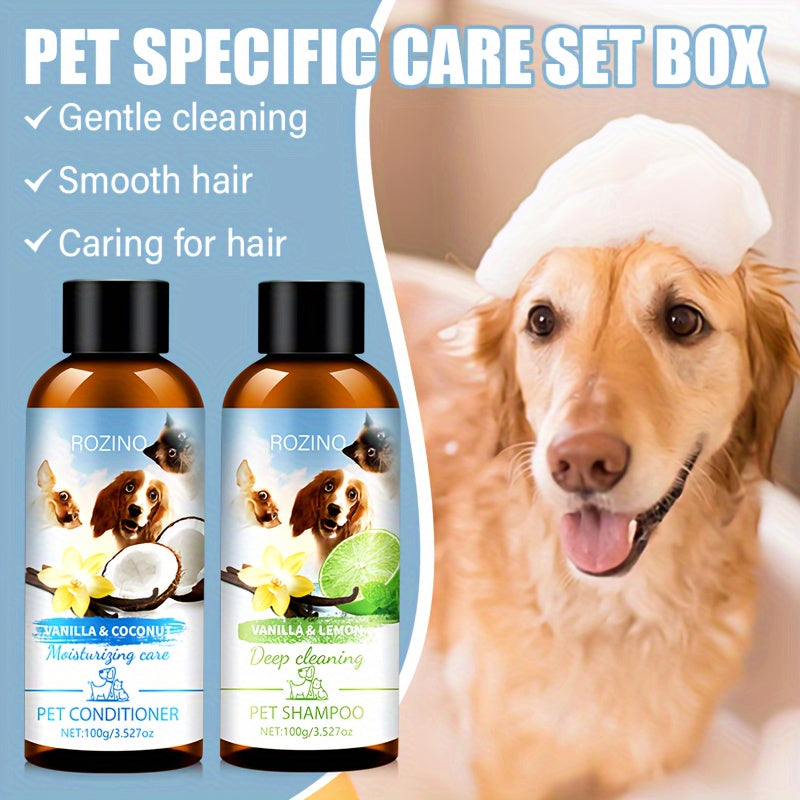 2pcs ROZINO Pet Grooming Set - Gentle, Deep Cleansing & Moisturizing Conditioner and Shampoo for All Dog Breeds (Vanilla & Coconut Milk, Lemon & Mint, 100ml Each)