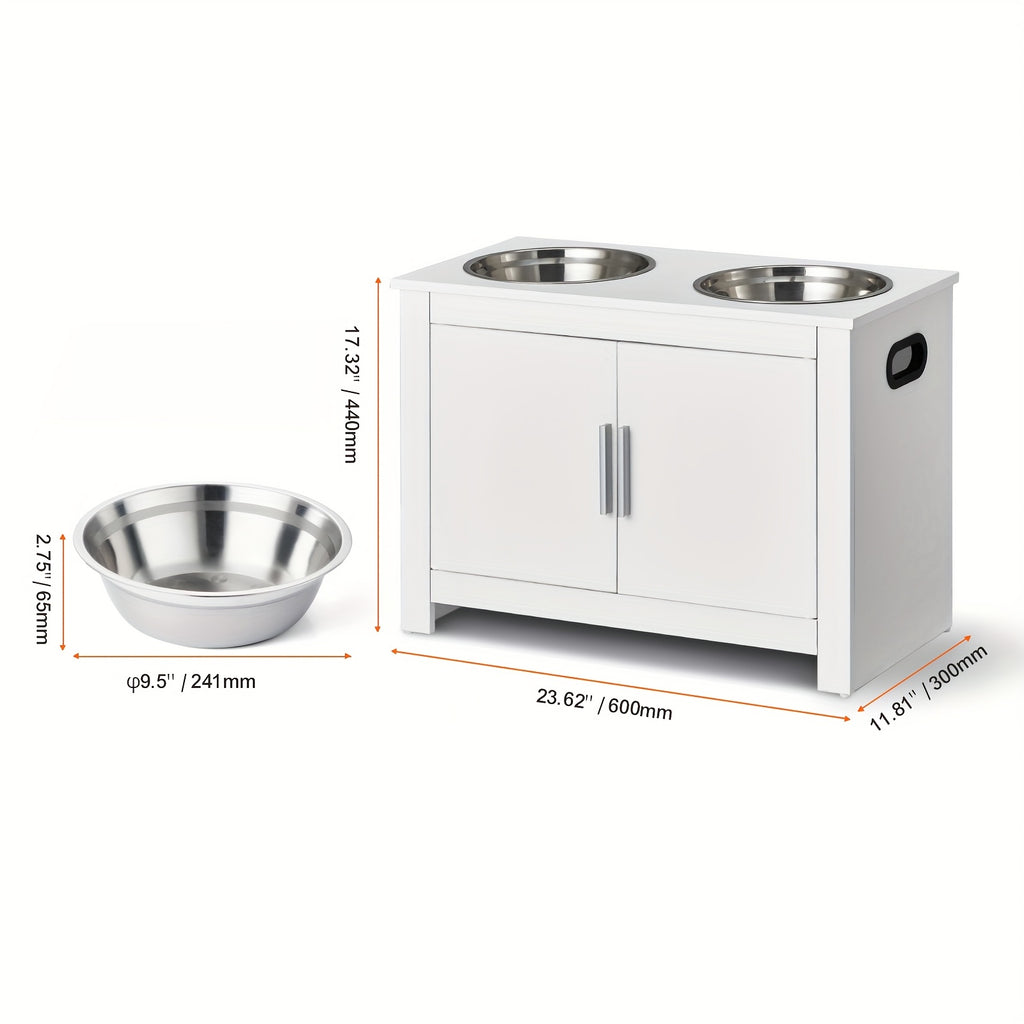 Happybuy Elevated Dog Feeding Station with 2 Stainless Steel Bowls & - Modern White Wood Pet Dispenser, Heavy-Duty Elevated /Water Dispenser for Large Breeds, Space-Saving Design for Home, Easy ssembly, Pet Feeding Station, R