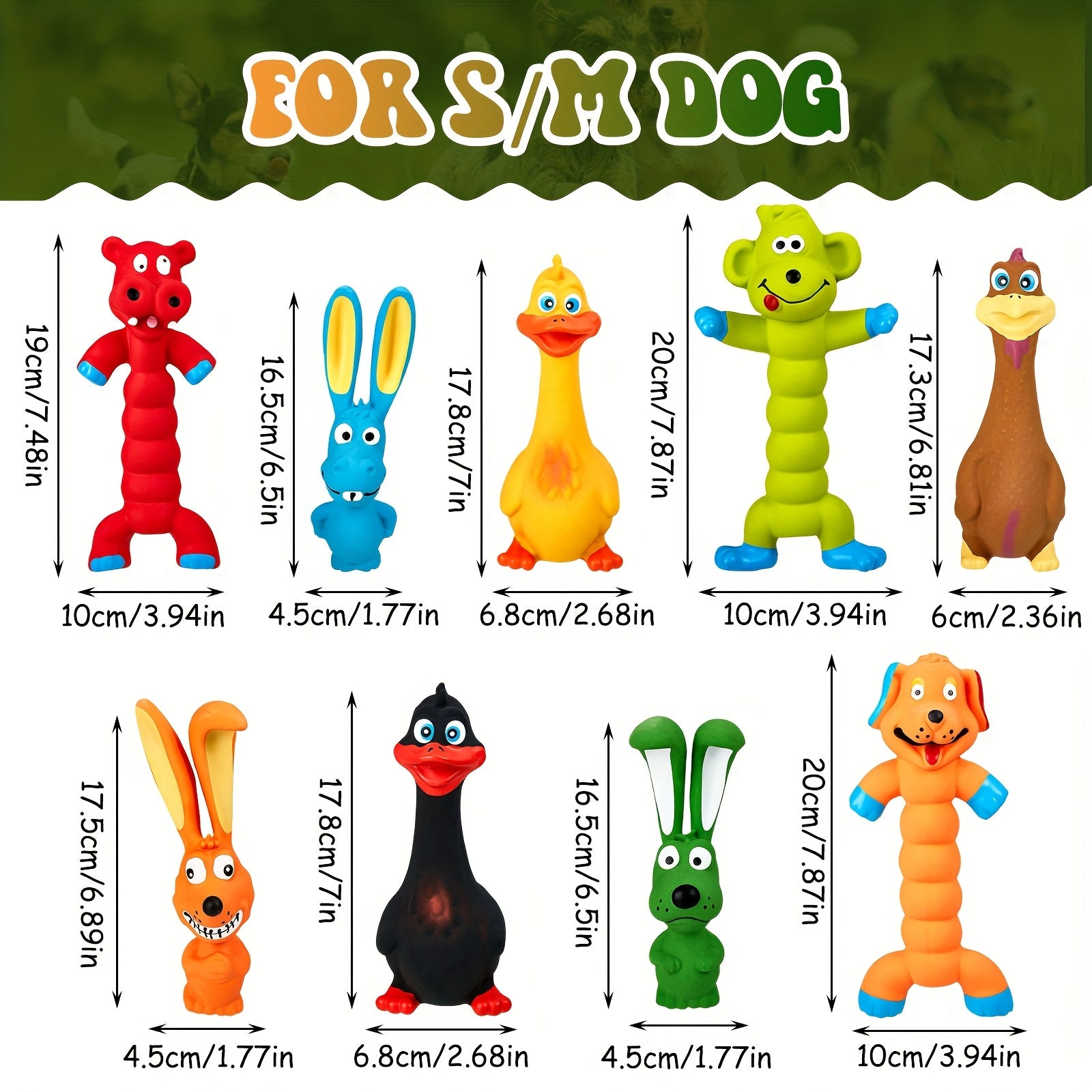 9 Pack Latex Squeaky Dog Toys 7 Inch Soft Rubber Dog Chew Toy Animal Standing Stick Puppy Fetch Interactive Play Toy Assorted Animal Pet Toys for Small Medium Large Dogs (Classic)