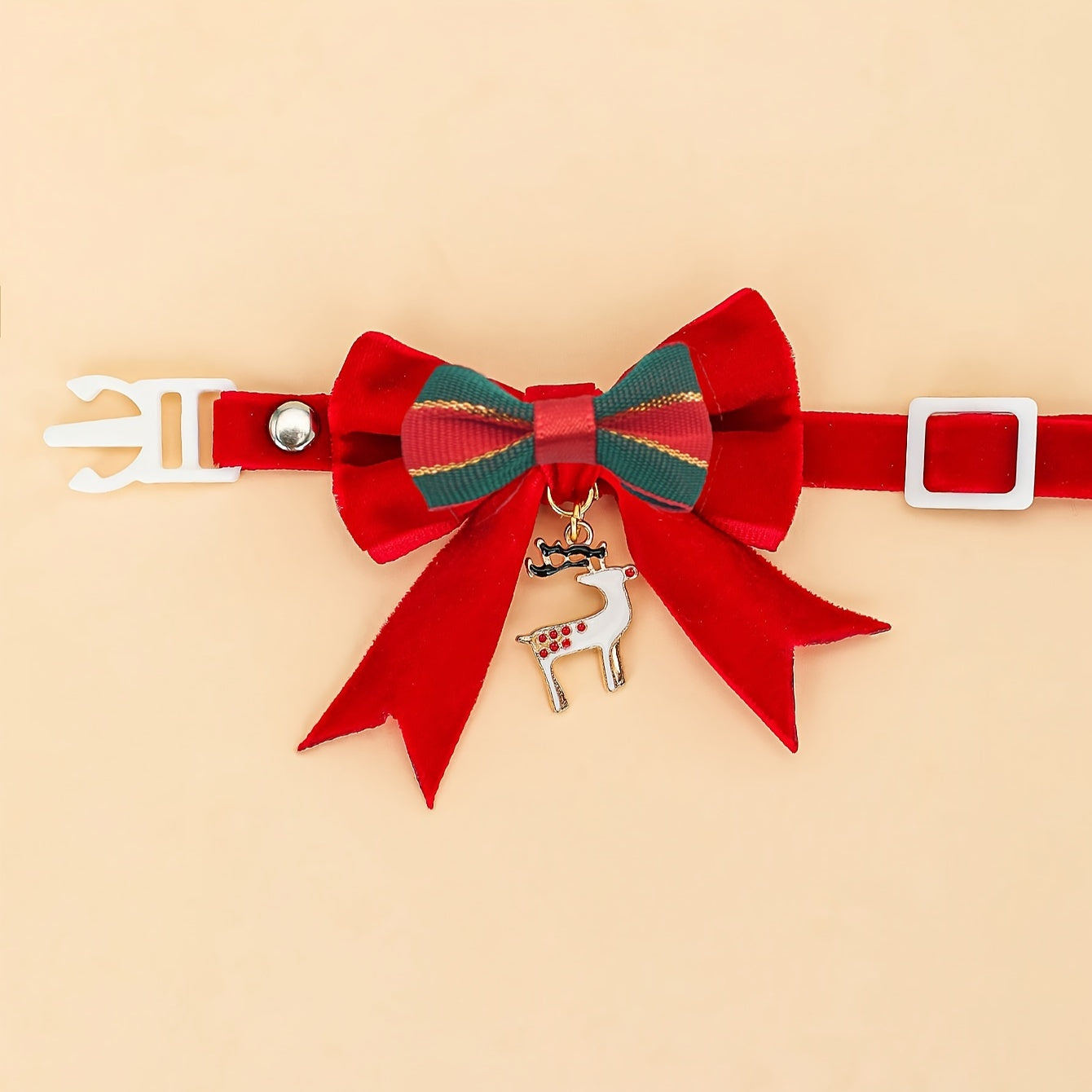 1pc Christmas Bowtie Pet Collar with Reindeer Pendant, Small Breed Polyester Fiber Neck Accessory, Red Velvet Bow, for Cats and Dogs, Holiday Fashion Decor