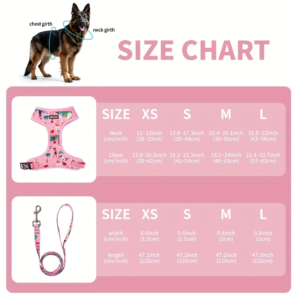 [Dog Walking] 6pcs Pink Love World Dog Walking Gear Set | Adjustable Pet Harness, Leash, Collar, Bow, Flag, Waste Bag Holder | Polyester Fiber | 4 Ft Leash, Uncharged | for Small to Large Dogs | Without Battery