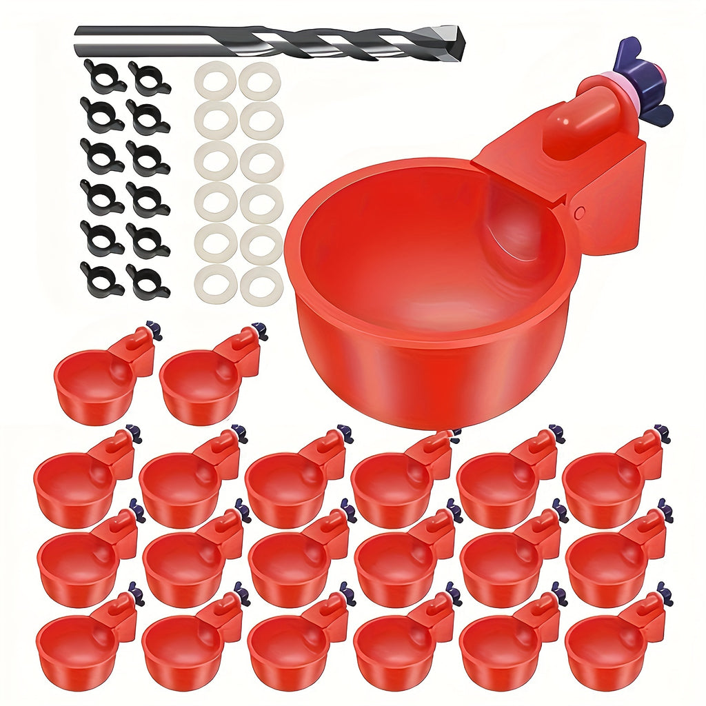 Poultry Feeder and Drinker Set, 20-Piece – Automatic Watering and Feeding System for Chickens, Ducks, Birds – Self-Regulating, Durable Plastic Design with Perforation Drill Bit and Brackets Included – Ideal for Backyard