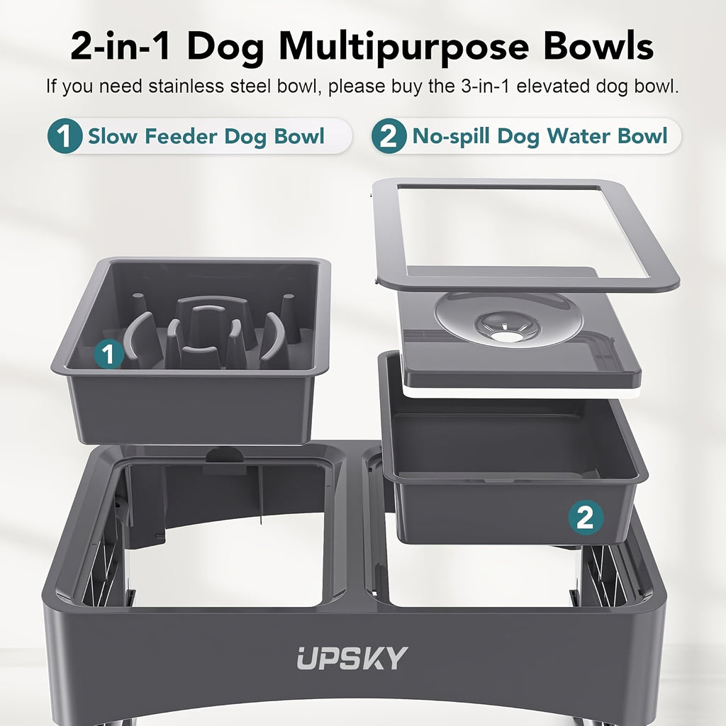 4-Height Adjustable Elevated Pet Feeding Station - Stainless Steel Food Bowls, Slow Feeder & No-Spill Water Bowl Set for Medium & Large Dogs - Neck Protection