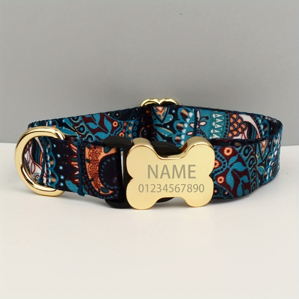 [ Customization ] Personalized Ethnic Style Pet Collar With Metal Bone Buckle, Customized Name And Phone Number Dog ID Tag, Suitable For Large/medium/small Dogs, Easy To Fasten And Release - Soft, Adjustable Pet Accessories -