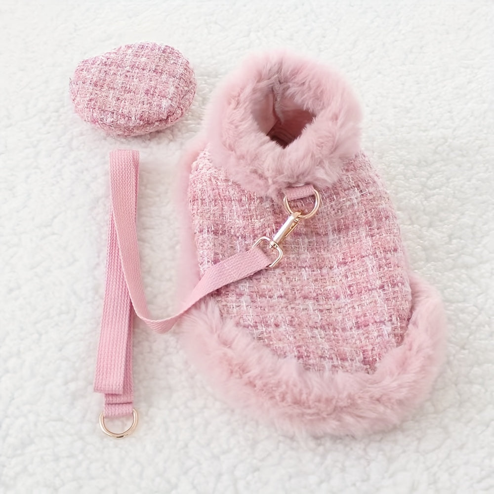 Cozy Pink Plush Dog Sweater with Adjustable Harness and Leash Set - Knit Winter Coat for Small to Medium Breeds, Fashionable Pet Apparel for Autumn & Winter Comfort