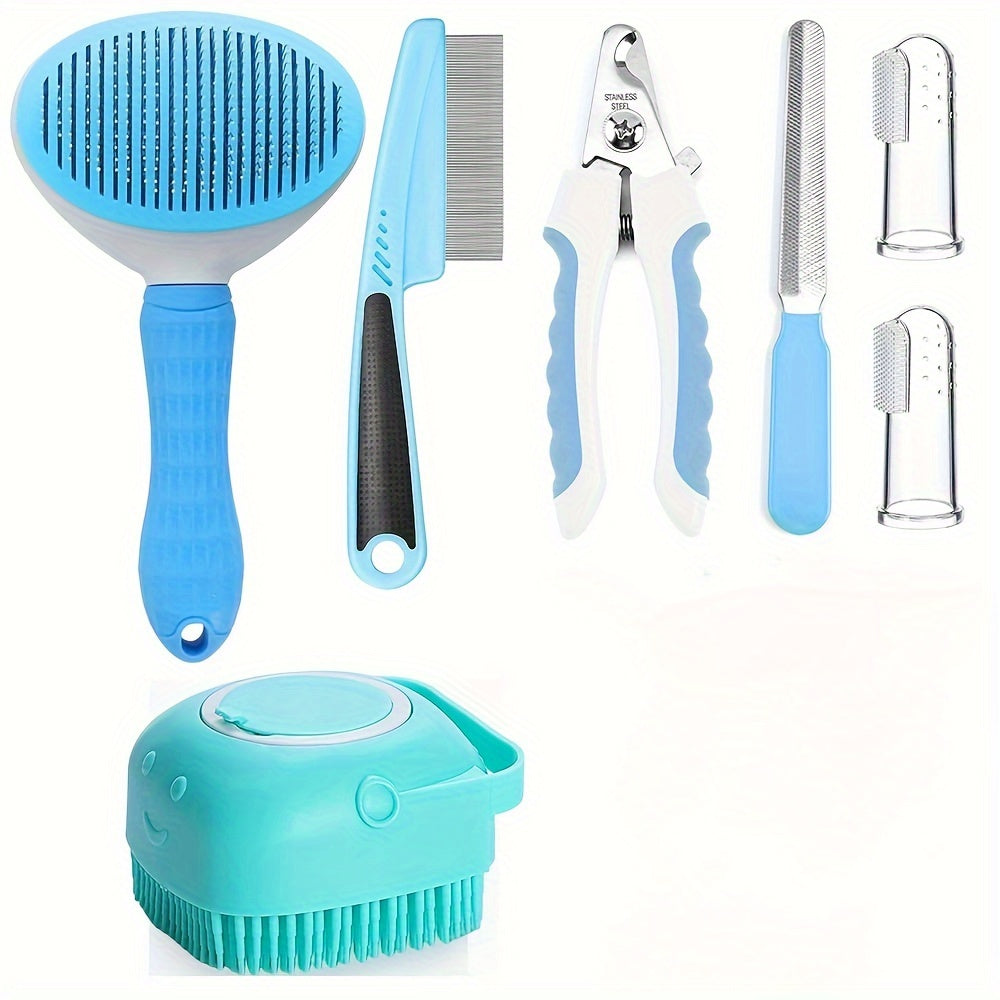 7pcs/set Pet Grooming Set, Self Cleaning Cat and Dog Brush with Nail Clipper, File, Flea Comb, Bath Brush, and Finger Toothbrush
