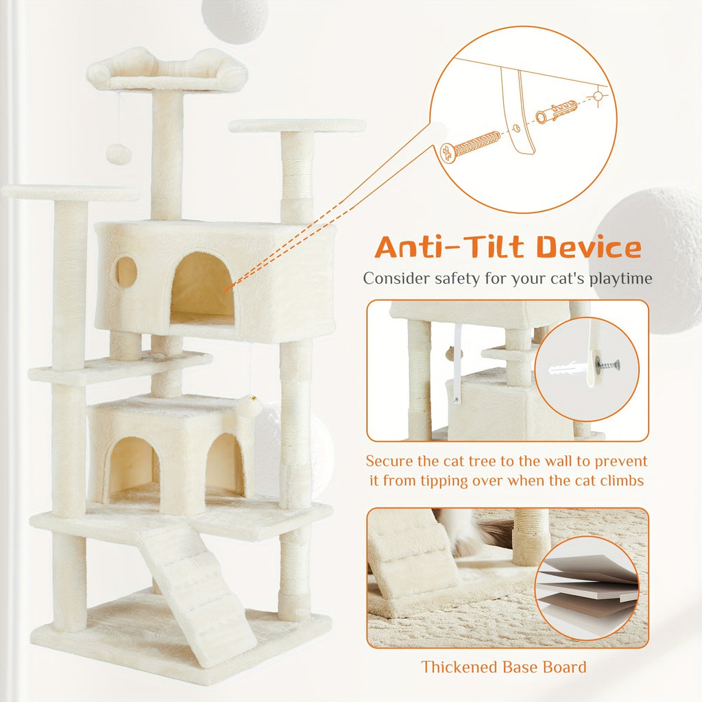 Cat Tree Tower For Indoor Cats, 54in Tall Multi-Level Pet Furniture, Stable Kitty Play House With Sisal Scratching Post, Large Condo, Climbing Ladder, Plush Toy For Kitten