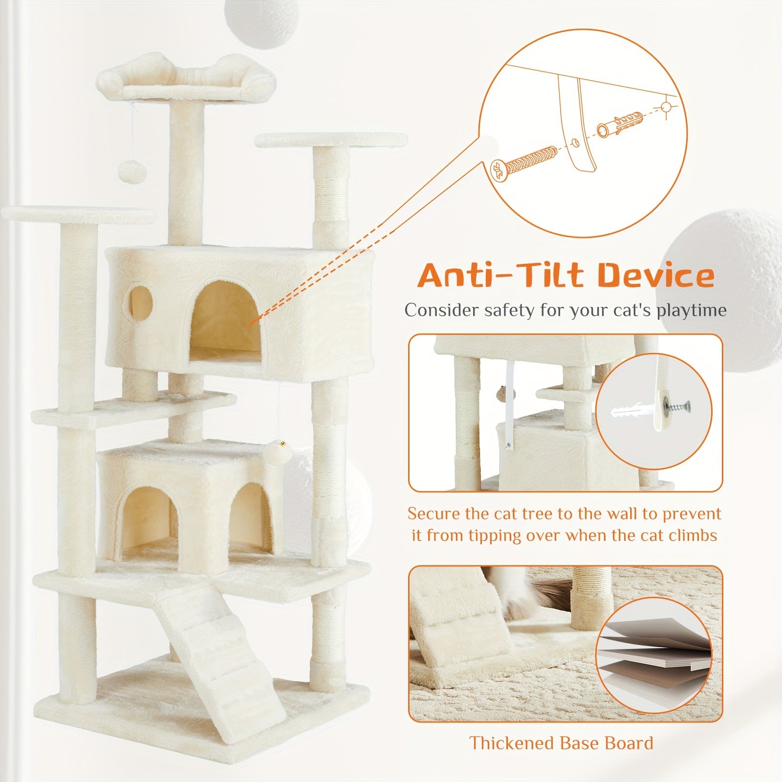 Cat Tree Tower For Indoor Cats, 54in Tall Multi-Level Pet Furniture, Stable Kitty Play House With Sisal Scratching Post, Large Condo, Climbing Ladder, Plush Toy For Kitten