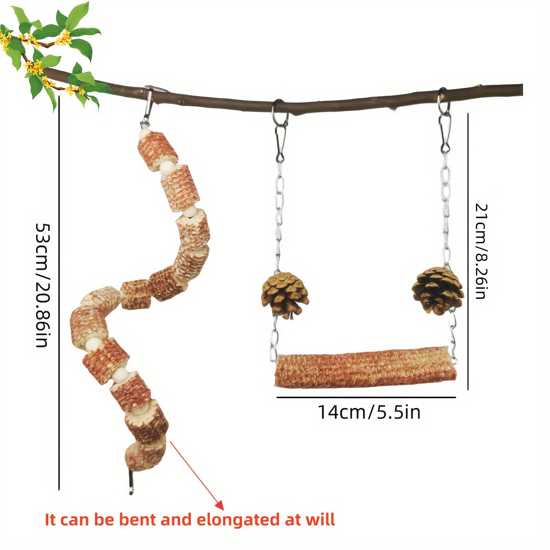 [2pcs Natural Bird Cage Supplies] 2pcs Natural Parrot Bird Cage Supplies, Bird Swing Toy, Natural Corn Cone, Bird Chewing Toy, Climbing Hanging Bridge Toy, Provide Exercise And Entertainment For Birds