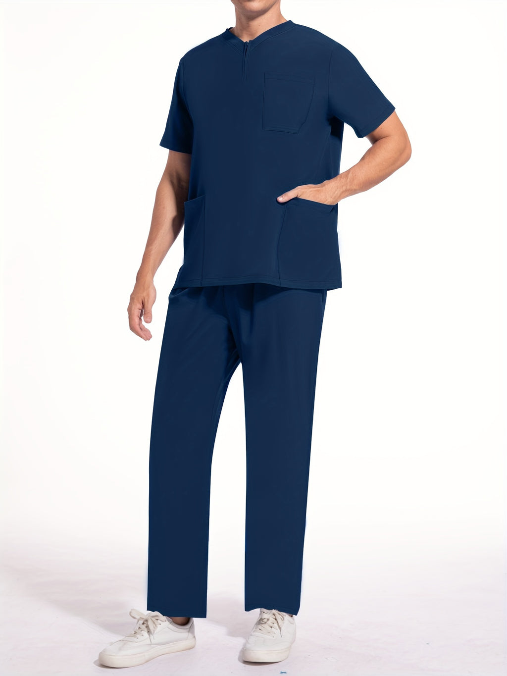 Men's Short Sleeve Summer Work Wear Set, Lab Coat, Pet Grooming Uniform, Breathable V-neck Top With Pockets And Long Pants Outfit