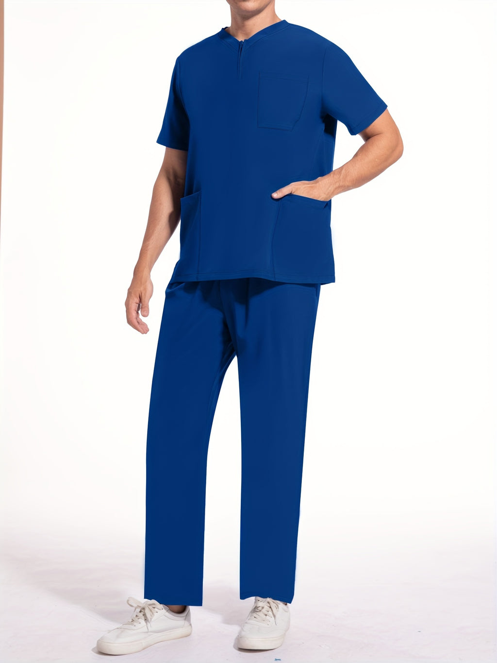 Men's Short Sleeve Summer Work Wear Set, Lab Coat, Pet Grooming Uniform, Breathable V-neck Top With Pockets And Long Pants Outfit
