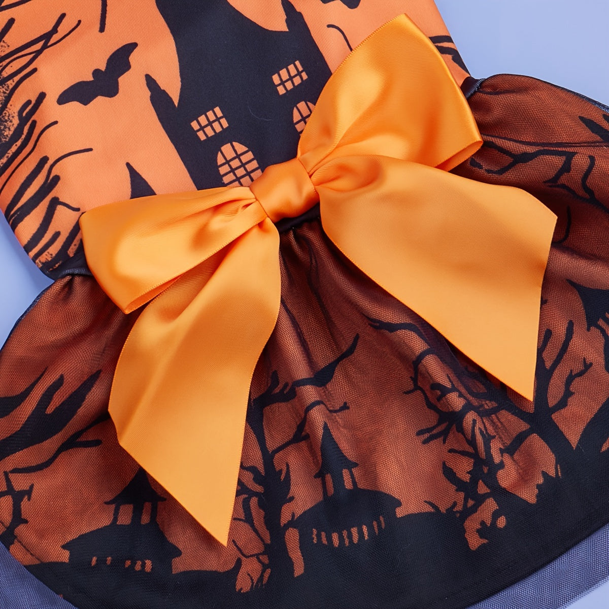 Halloween Castle Print Dog Dress with Bow - Breathable Polyester, All-Season Pet Apparel for Small to Medium Breeds