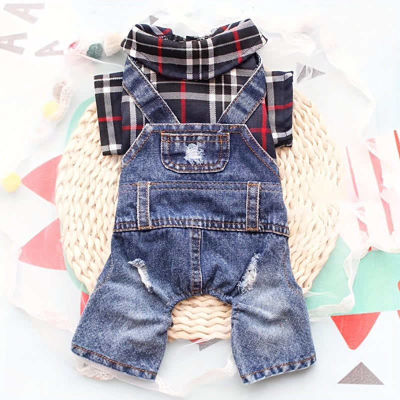 [Stylish Plaid Dog Jumpsuit] Cozy Plaid Denim Dog Jumpsuit - Stylish, Chic Button-Up Design for Small Breeds - Woven Fabric Pet Apparel