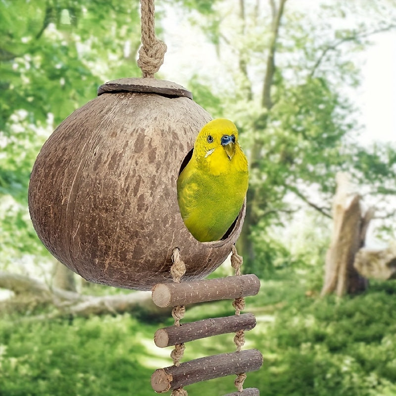 1pc Natural Coconut Bird Cage Hideaway with Ladder, Bird And Small Animal Toy (House with Ladder, Natural Surface)