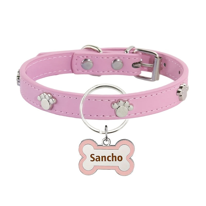 [Anti-Loss Footprint Metal Decorative] Personalized Cortical Dog Collar with Bone-shaped Dog Tag, Double-sided Carved Pet Name and Phone Cat ID Tag, Anti-Loss Footprint Metal Decorative Pet Collar, Dog and Cat Fashion Accesso