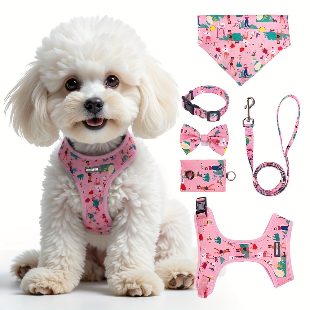 [Dog Walking] 6pcs Pink Love World Dog Walking Gear Set | Adjustable Pet Harness, Leash, Collar, Bow, Flag, Waste Bag Holder | Polyester Fiber | 4 Ft Leash, Uncharged | for Small to Large Dogs | Without Battery