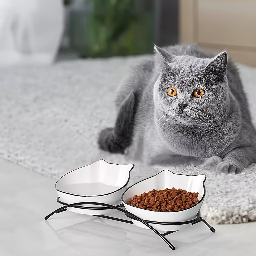 [Cute Tilted Design Cat Feeding Dishes] 2pcs 12oz Ceramic Cat Bowls - Anti-Vomiting, Tilted Design for Improved Digestion & Posture - Cute Kitty Face Pet Feeding Dishes