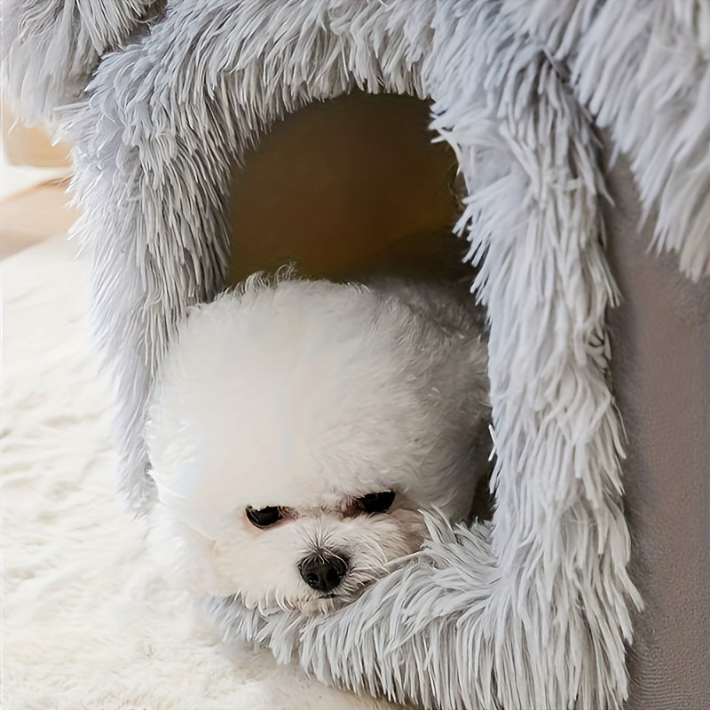[For Cats & Dogs Plush Bed] Comfortable Plush Pet Bed For Cats And Dogs, Removable Non-slip Bottom Cat House, Four-season Use, Semi-enclosed Pet Sleeping Bed