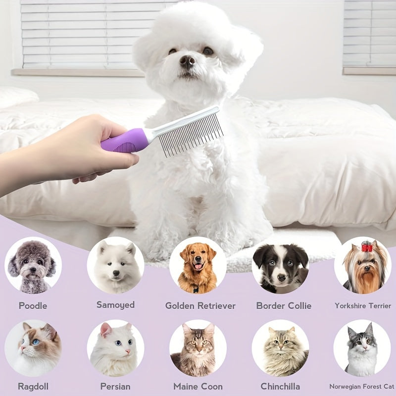 2-in-1 Pet Grooming Comb for Dogs & Cats - Stainless Steel Detangling and Dematting Tool with Long & Short Teeth, Safe Knot Removal for Healthy Coat