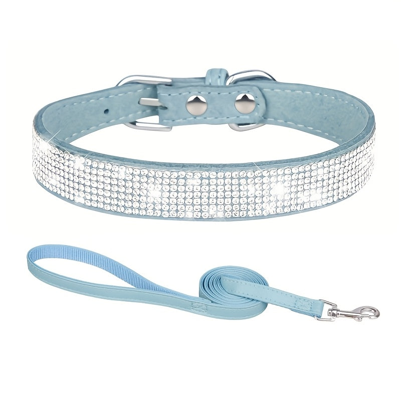 [Adjustable Bling Dog Collar Set] Bling Collar for Dogs, Durable Polyester Adjustable Pet Collar with Rhinestones and Matching Leash Set, Soft-Lined Neck Strap for Small to Large Dogs