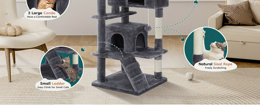 Cat Tree Tower for Indoor Cats, 54in Tall Multi-Level Pet Furniture, Kitty Play House with Sisal Scratching Post, Large Condo, Climbing Ladder, Plush Toy for Kitten