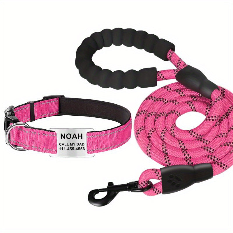 [Durable Adjustable Dog Leash] Custom Engraved Reflective Dog Collar with Name Tag, Personalized Polyamide Pet Collar, Durable Adjustable Collar with Leash for Dogs