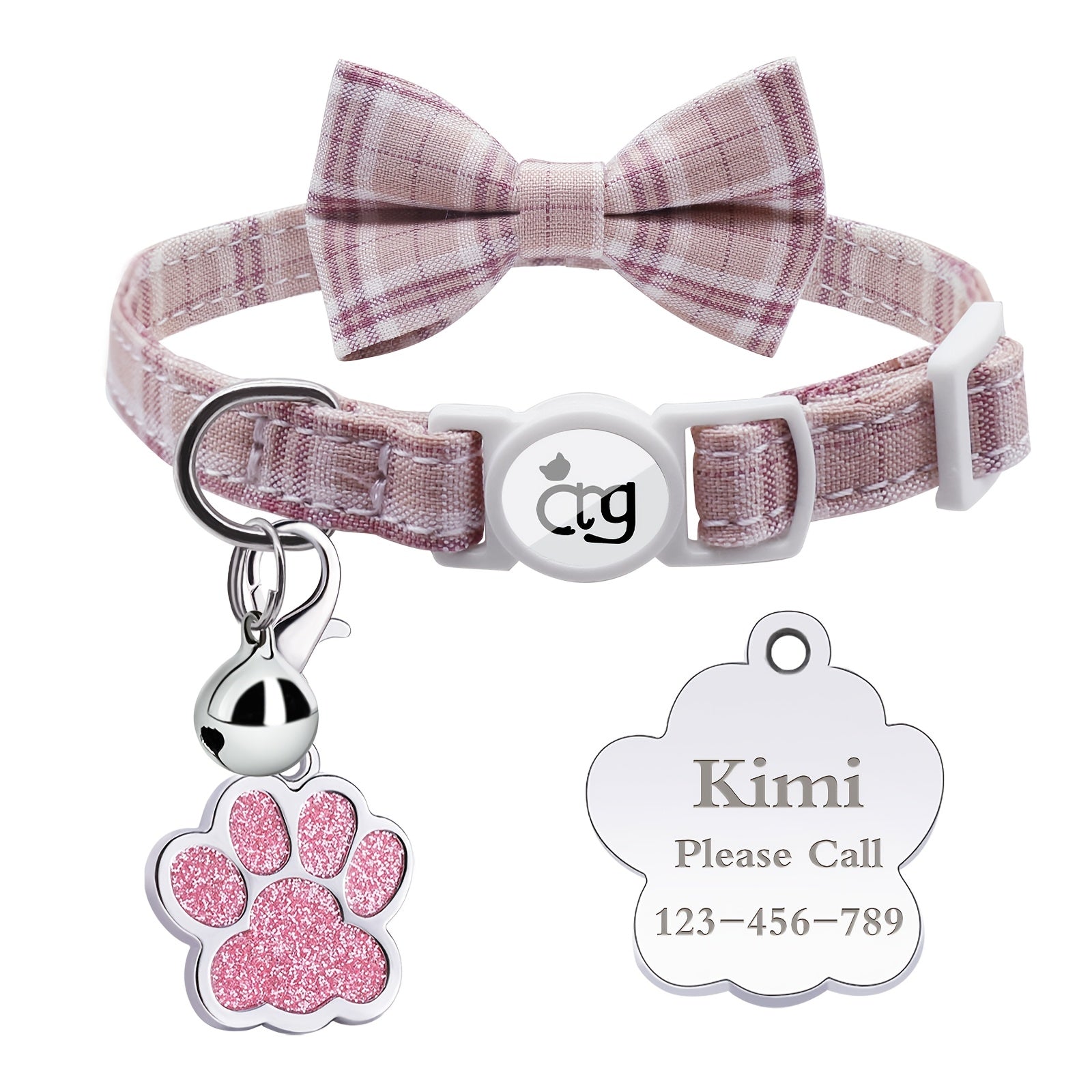 Personalized Custom Metal Paw Tag Pet Collar with Safe Buckle, Bow Tie, Nylon Material, Fresh Plaid Pattern, and Bell - Ideal for Cats and Small Dogs