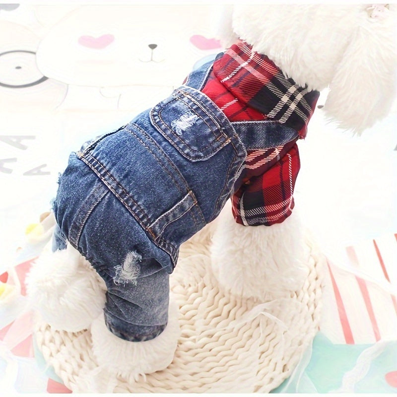 [Stylish Plaid Dog Jumpsuit] Cozy Plaid Denim Dog Jumpsuit - Stylish, Chic Button-Up Design for Small Breeds - Woven Fabric Pet Apparel