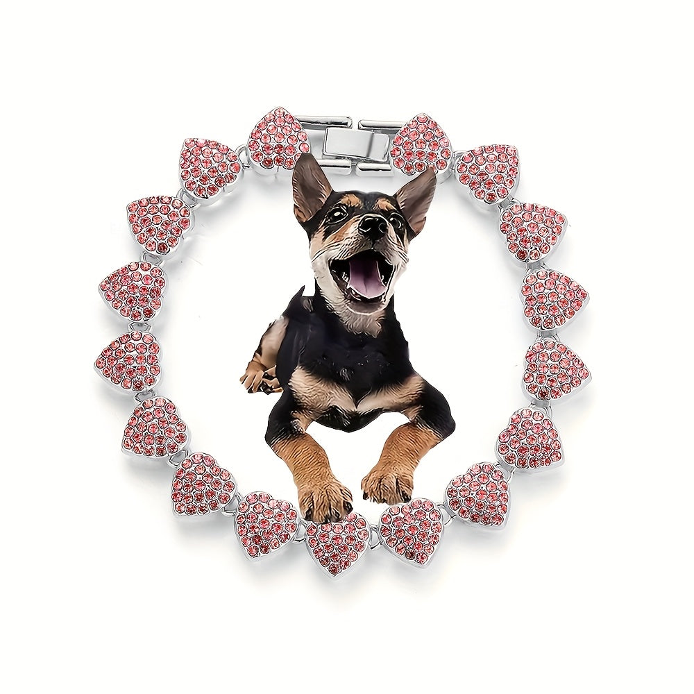 [Adjustable Heart Pet Collar Sparkling] Sparkling Rhinestone Heart Pet Collar with Safety Buckle - Zinc Alloy, Adjustable for Small to Large Dogs, Pet Necklace, Cuban Chain