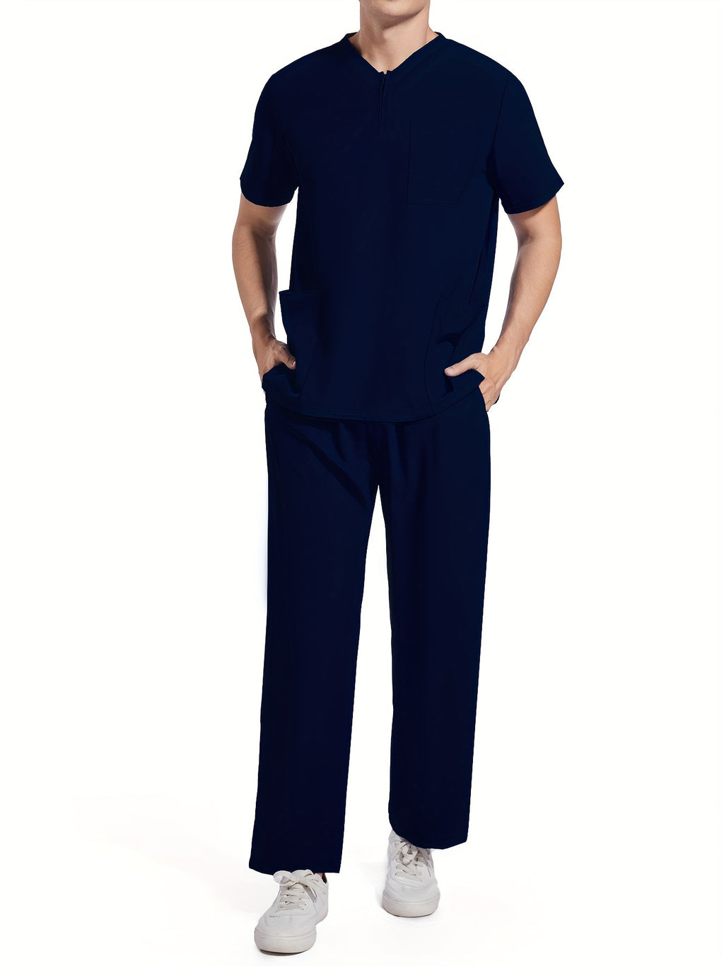 Men's Short Sleeve Summer Work Wear Set, Lab Coat, Pet Grooming Uniform, Breathable V-neck Top With Pockets And Long Pants Outfit