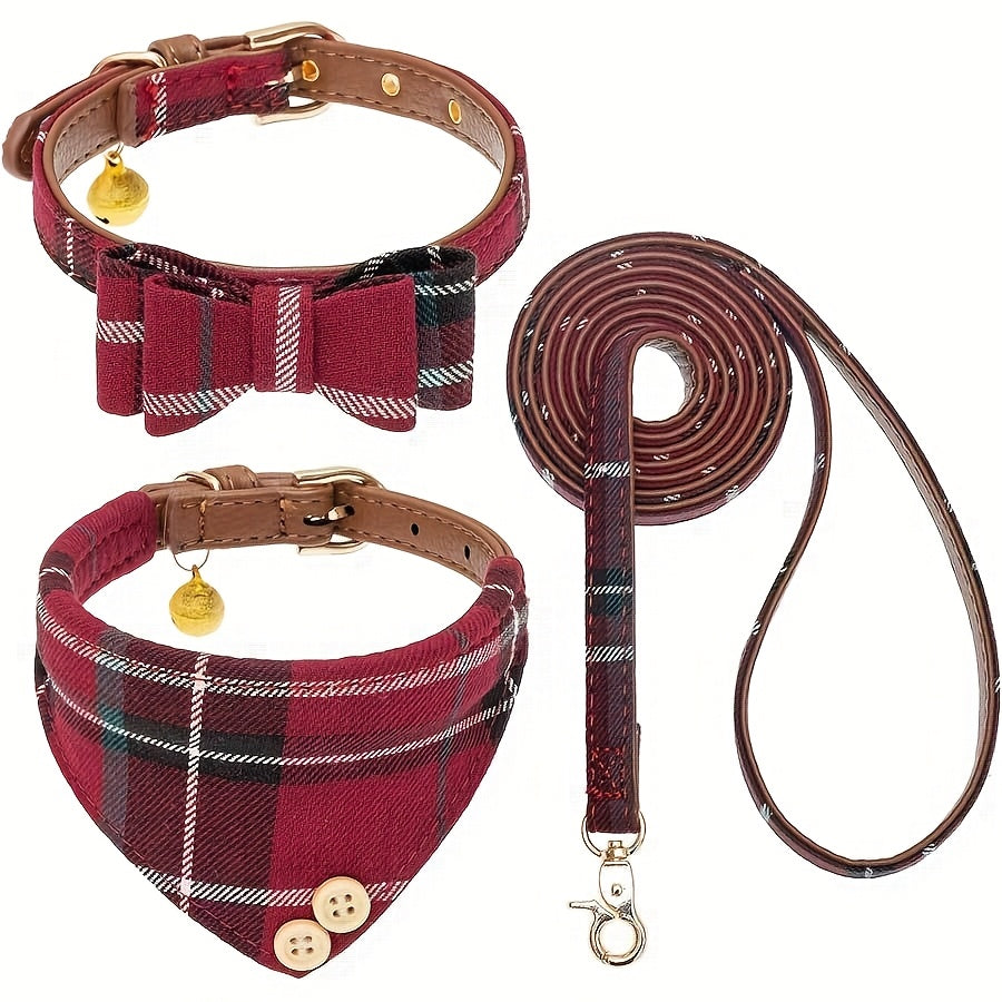 [Red Plaid Pet Harness] 3pcs Red Plaid Pet Harness Set - Adjustable Leather Leash, Machine Washable Polyester Fiber - Ideal for Small Dogs Outdoor Walking