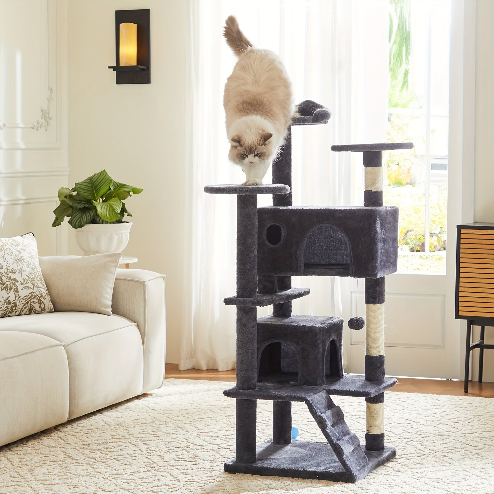 Cat Tree Tower For Indoor Cats, 54in Tall Multi-Level Pet Furniture, Stable Kitty Play House With Sisal Scratching Post, Large Condo, Climbing Ladder, Plush Toy For Kitten