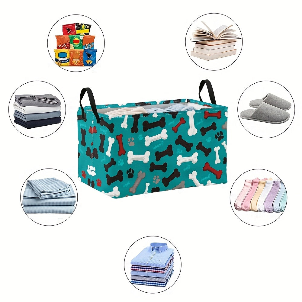 1pc Extra Large Teal Dog Paw Bones Pattern Storage Basket, Foldable Oxford Bin with Metal Frame, Ideal for Dirty Clothes & Fragrance Organization, Cologne Collection Display, Dresser Top Arrangement, Polyester Material, Pet A