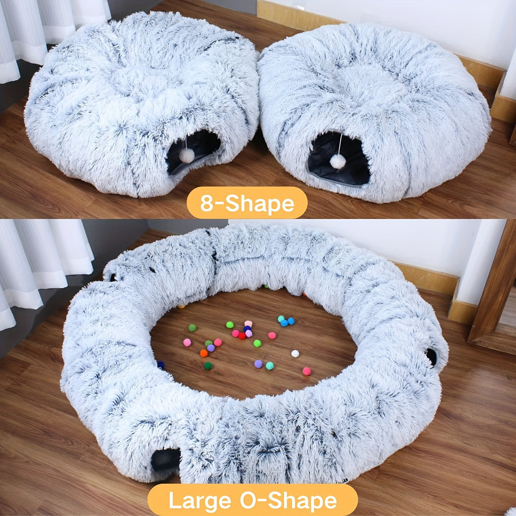 Soft Plush Cat Tunnel with Cozy Donut Bed - Multi-Functional Hideout & Playhouse for Indoor Cats, Kittens, Rabbits, Ferrets - Tunnel Vision Peeping Holes, Large Tube for Hide & Seek, Durable Pet Toy for Small/Medium/Large Fel