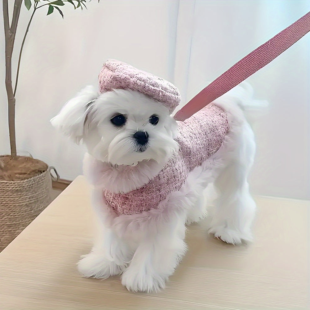 Cozy Pink Plush Dog Sweater with Adjustable Harness and Leash Set - Knit Winter Coat for Small to Medium Breeds, Fashionable Pet Apparel for Autumn & Winter Comfort
