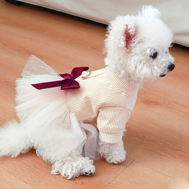 Chic Beige Tulle Dog Dress - Princess Style Pet Apparel for Small Breeds, Includes Pomeranian & Yorkie - Easy Snap Closure