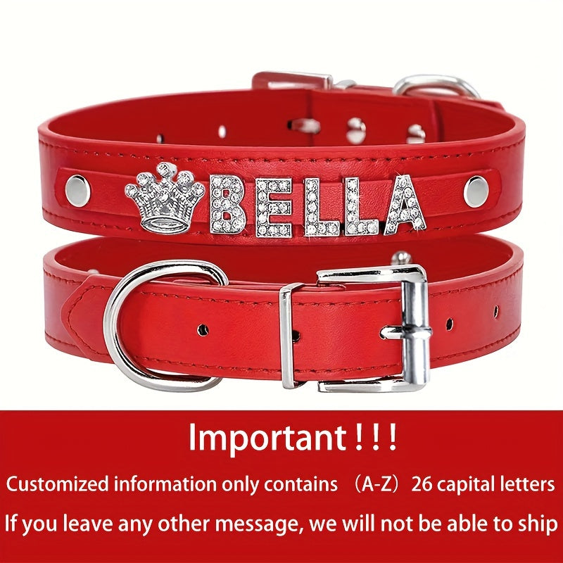 Personalized PU Leather Dog & Cat Collar with Sparkling Rhinestone ID Tag - Custom Name "Bella" or "Jamie" & Heart/Paw Print Design, Adjustable Fit for Small to Large Pets, Perfect Gift for Your Furry Friend