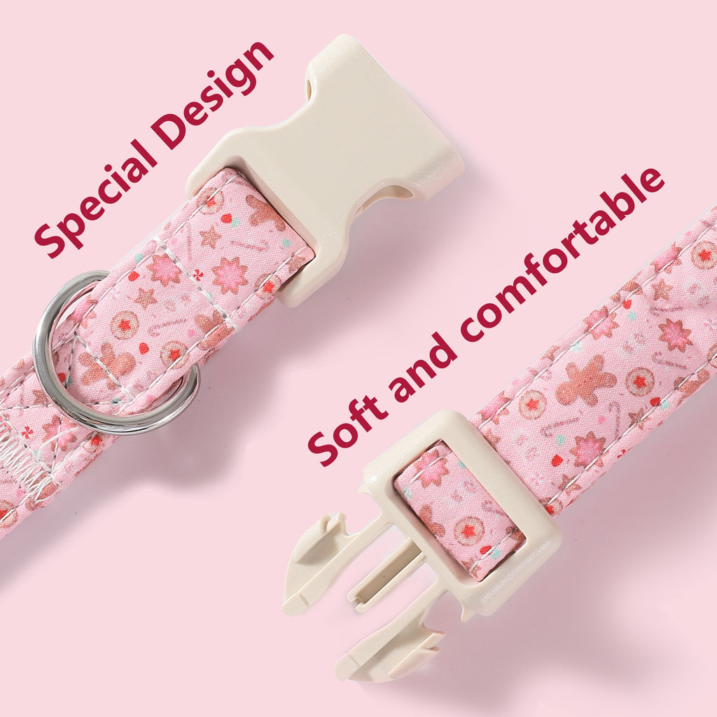 1pc Festive Adjustable Cotton Dog Collar with Cartoon Gingerbread Man Design, Durable Indoor/Outdoor Pet Collar with Beige Plastic Buckle - Christmas Theme